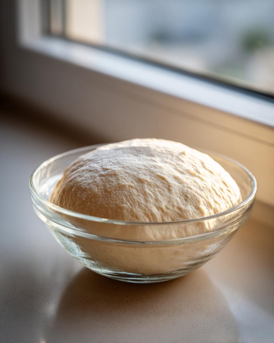 A perfectly proofed ball of pizza dough recipe resting in a clear glass bowl near a window.