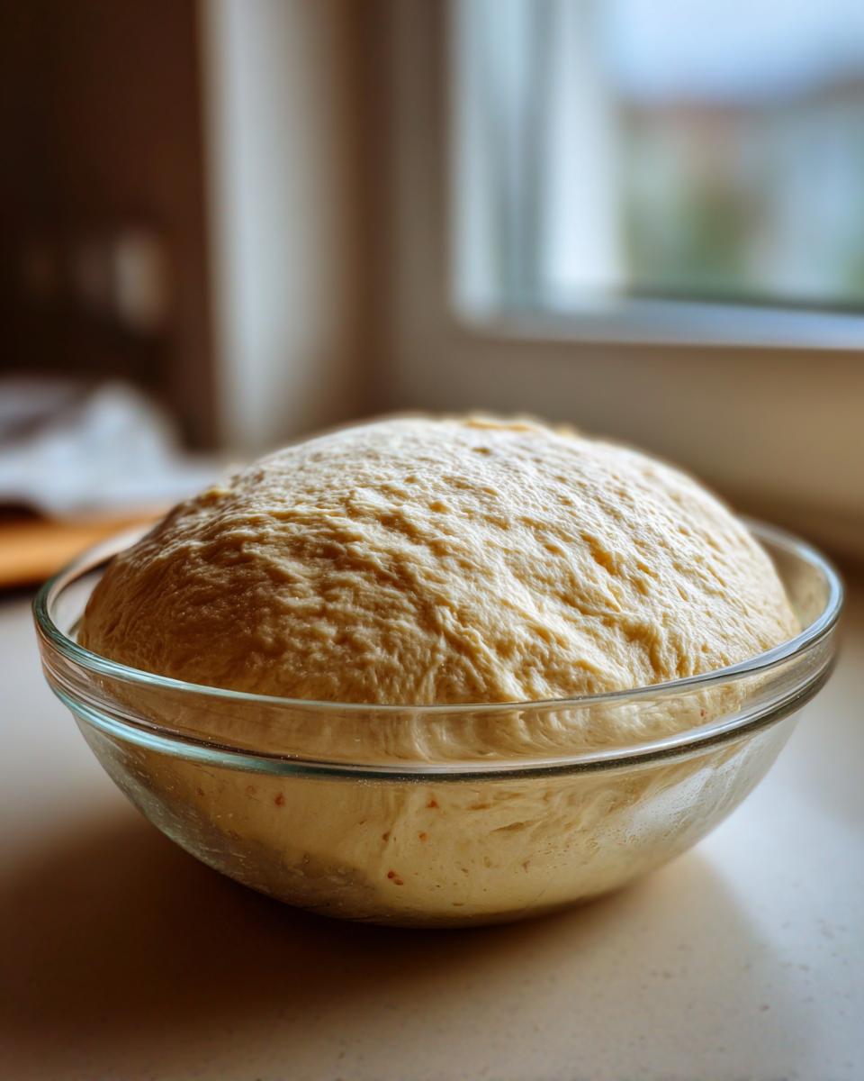 A large, risen ball of pizza dough recipe dough proofing in a clear glass bowl near a window.