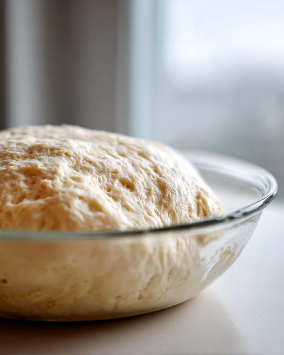 Close-up of airy, risen pizza dough recipe proofing in a clear glass bowl.