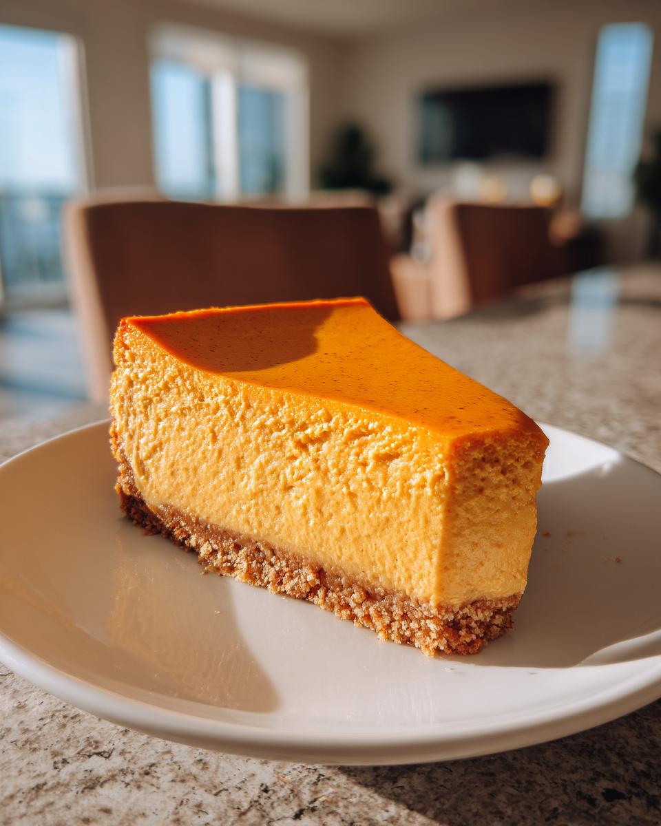 A thick slice of vibrant orange pumpkin cheesecake with a graham cracker crust, sitting on a white plate.