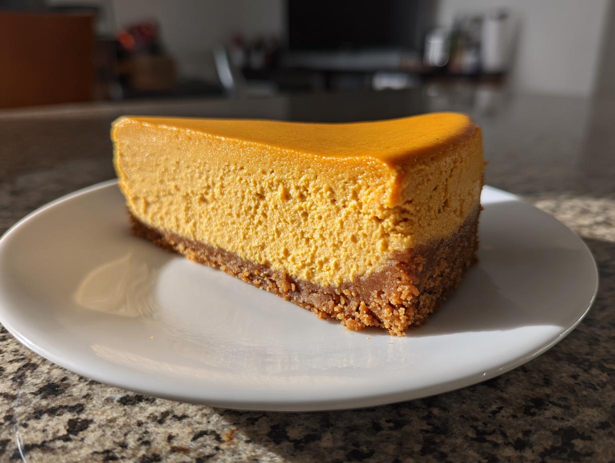 A perfect slice of creamy, orange pumpkin cheesecake with a graham cracker crust on a white plate.