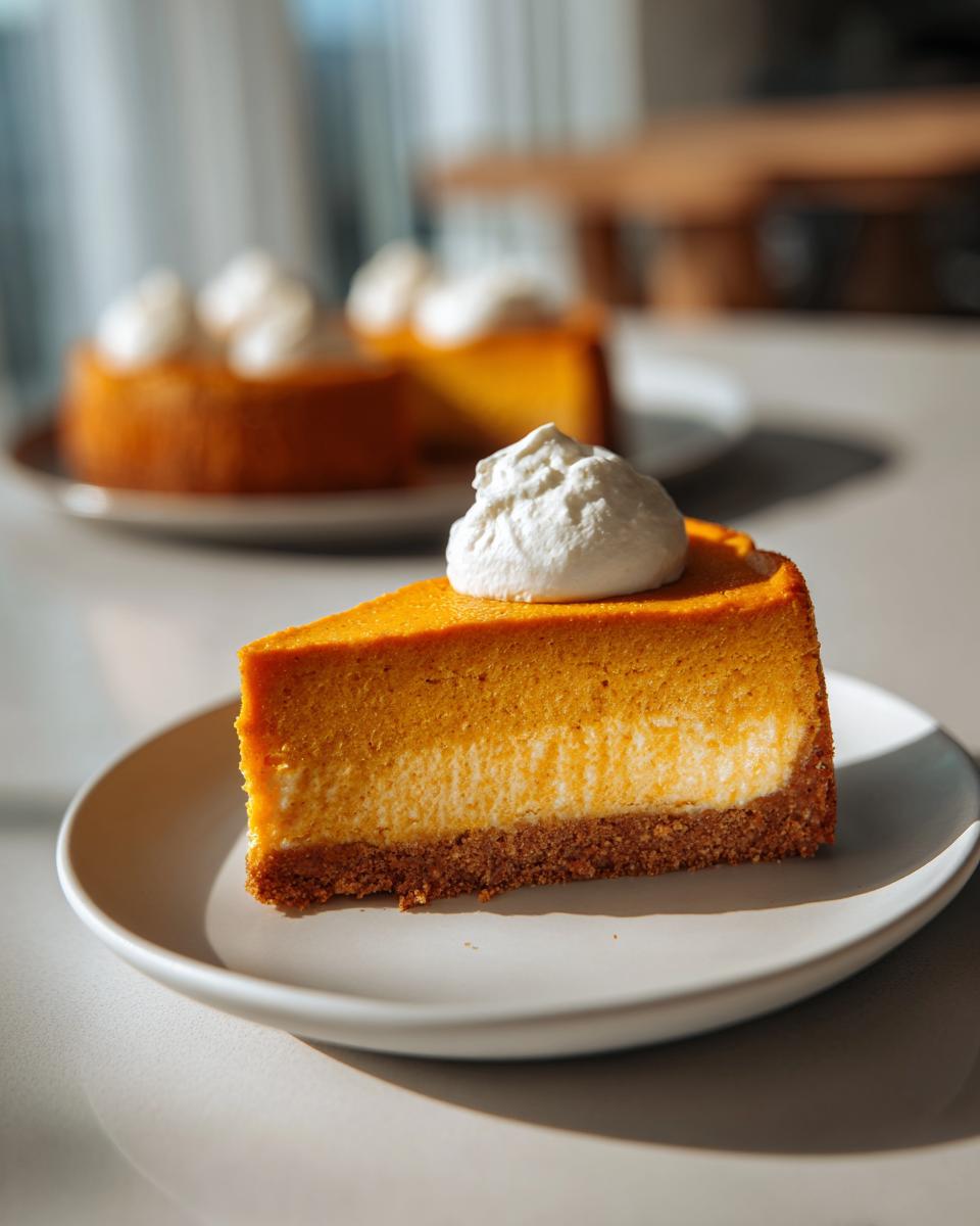 A perfect slice of vibrant pumpkin cheesecake topped with whipped cream on a white plate.