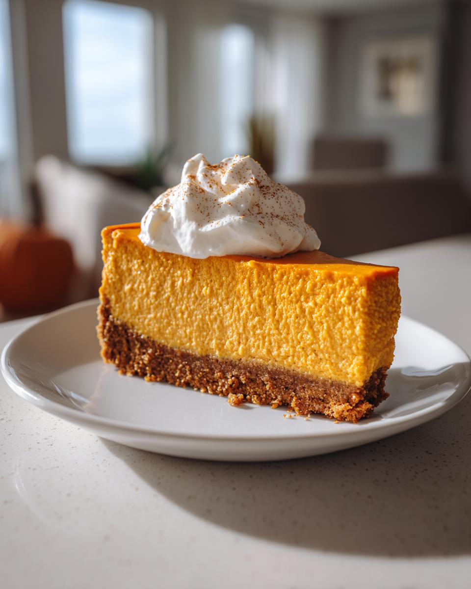 A perfect slice of bright orange pumpkin cheesecake with a dark crust, topped with whipped cream and cinnamon.