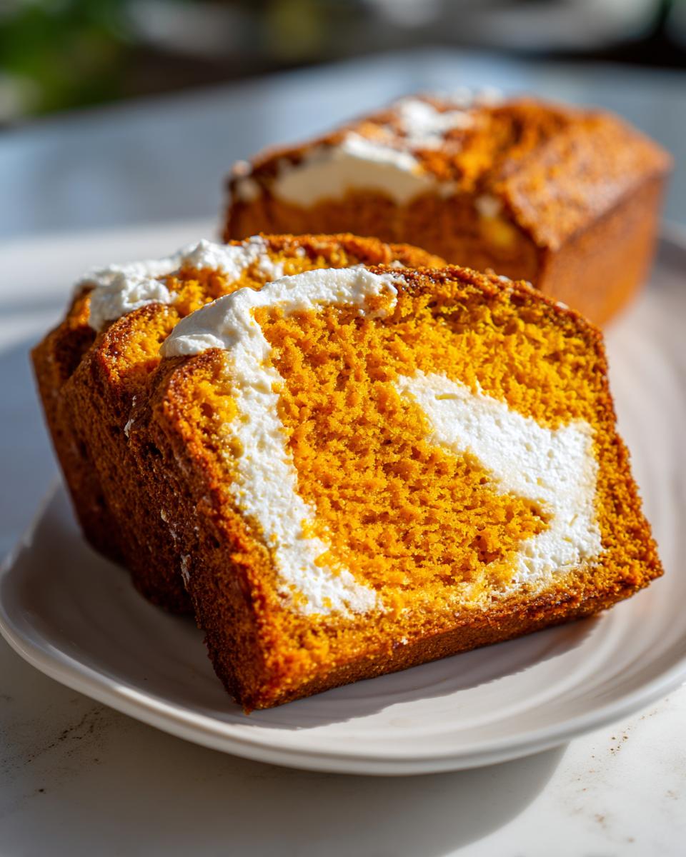 Two thick slices of moist pumpkin cream cheese bread showing a vibrant orange crumb and a swirl of white cream cheese filling.