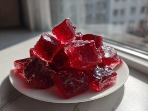 A pile of jewel-like, deep red cinnamon rock candy chunks resting on a small white plate near a window.