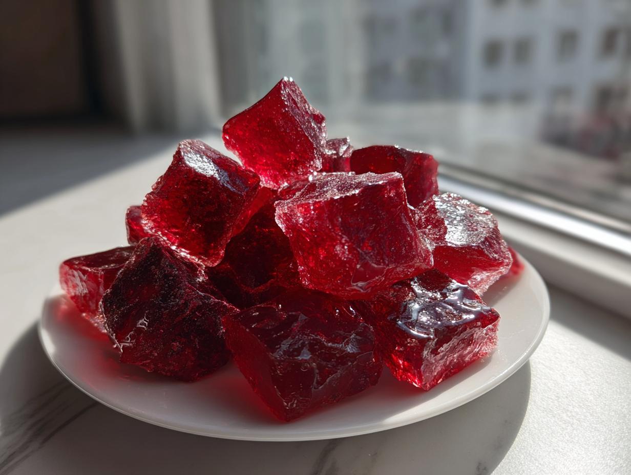 A pile of jewel-like, deep red cinnamon rock candy chunks resting on a small white plate near a window.
