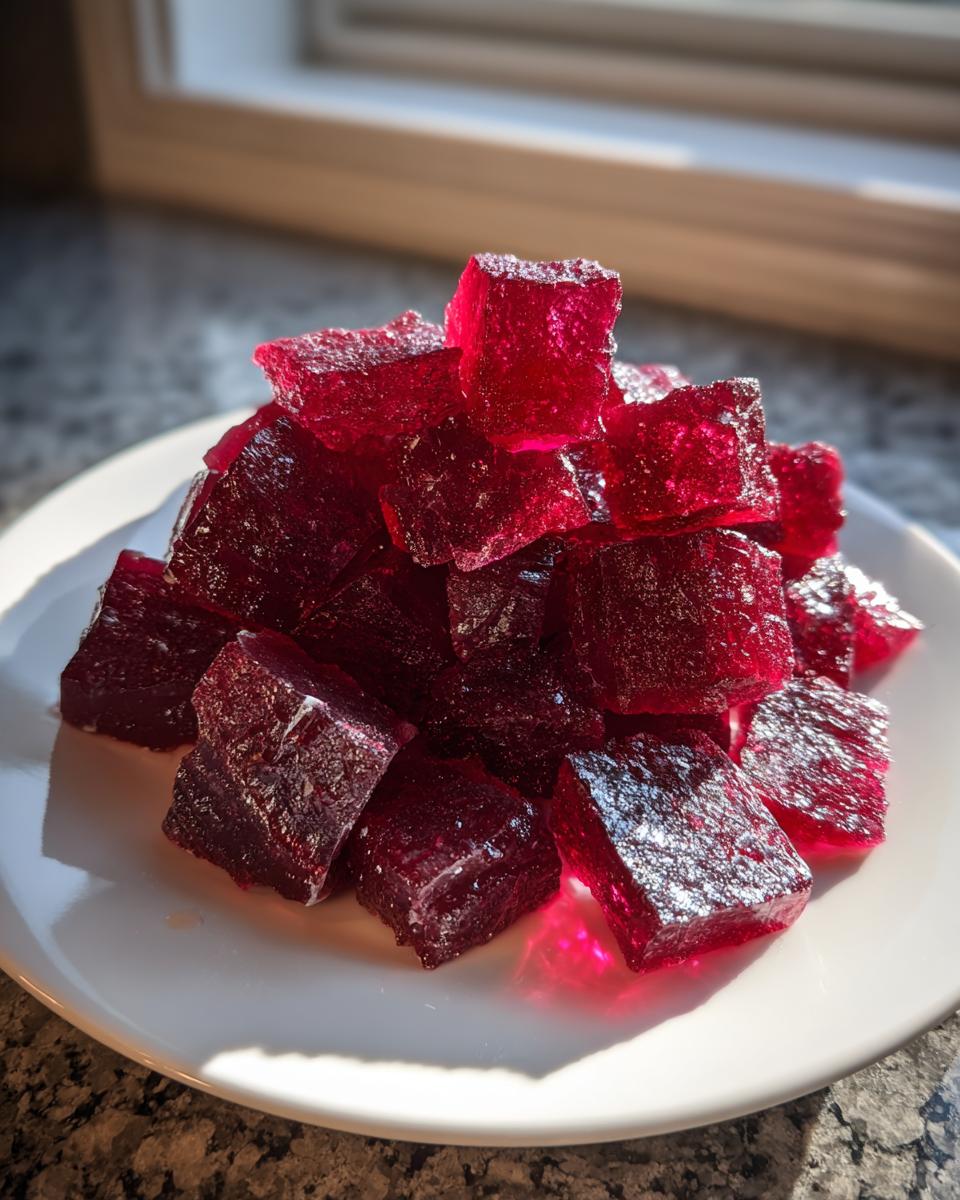 A pile of glistening, deep red, square-cut cinnamon rock candy pieces resting on a white plate near a window.