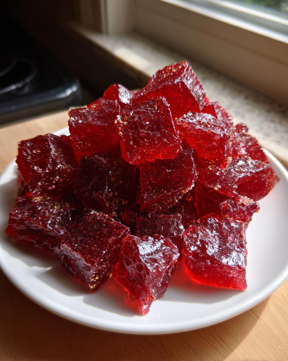 A pile of glistening, deep red, cubed cinnamon rock candy pieces resting on a small white plate.