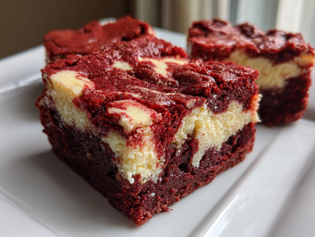 A close-up of a rich, fudgy red velvet cheesecake brownies square showing the distinct red cake and white cream cheese swirl.