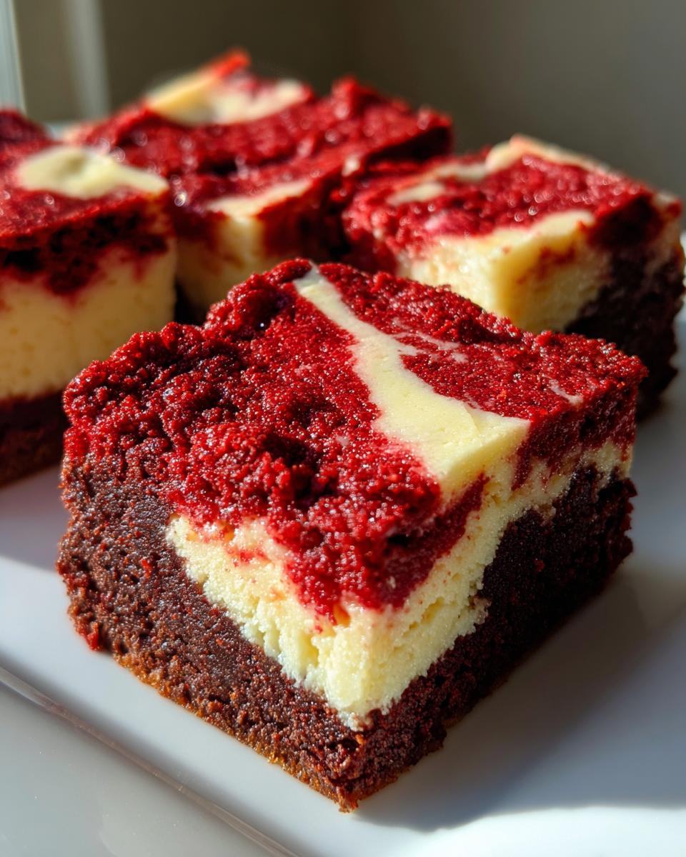 A close-up of a rich, layered red velvet cheesecake brownie square showing the dark brownie base and swirled red velvet and cream cheese topping.