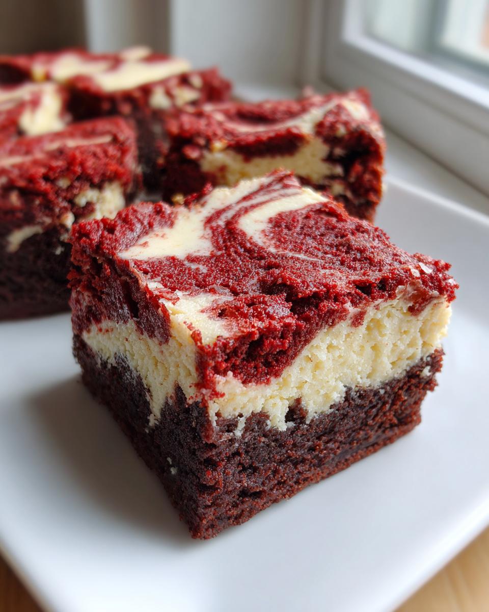 A square slice of rich red velvet cheesecake brownies with a marbled cream cheese swirl on top, served on a white plate.