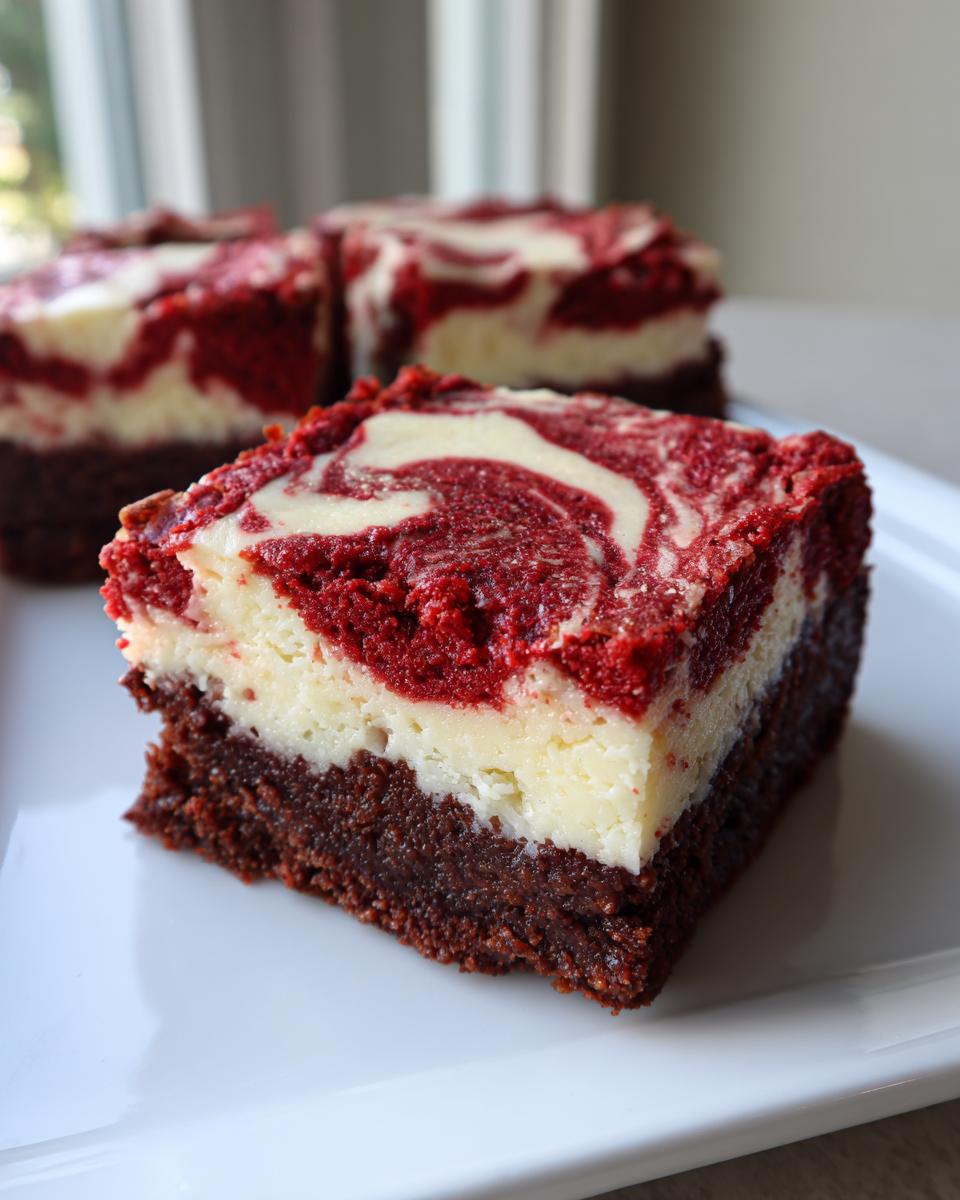 A close-up of a rich red velvet cheesecake brownies square showing the dark brownie base and swirled red and white topping.
