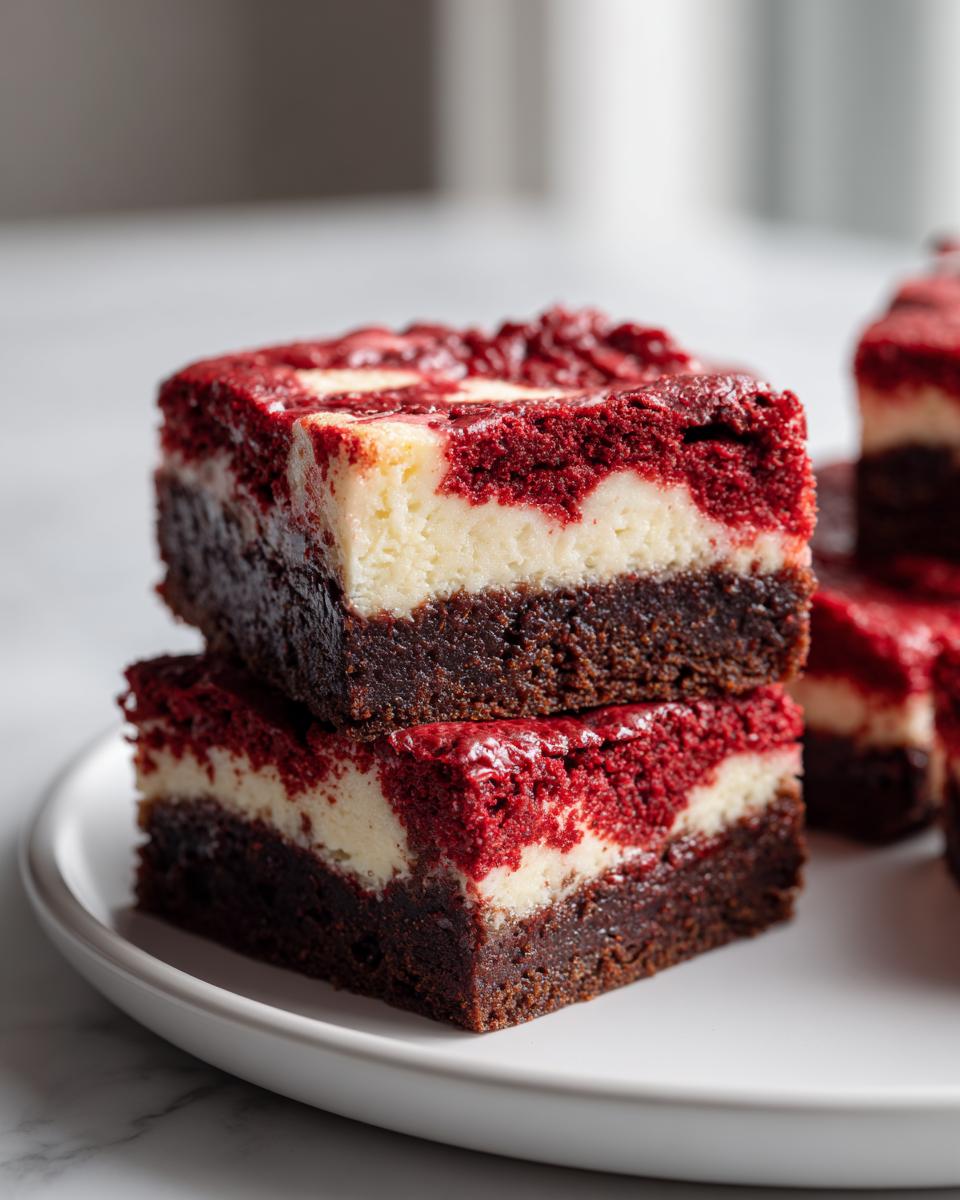 Two stacked squares of rich red velvet cheesecake brownies showing the dark brownie base and marbled red and cream topping.