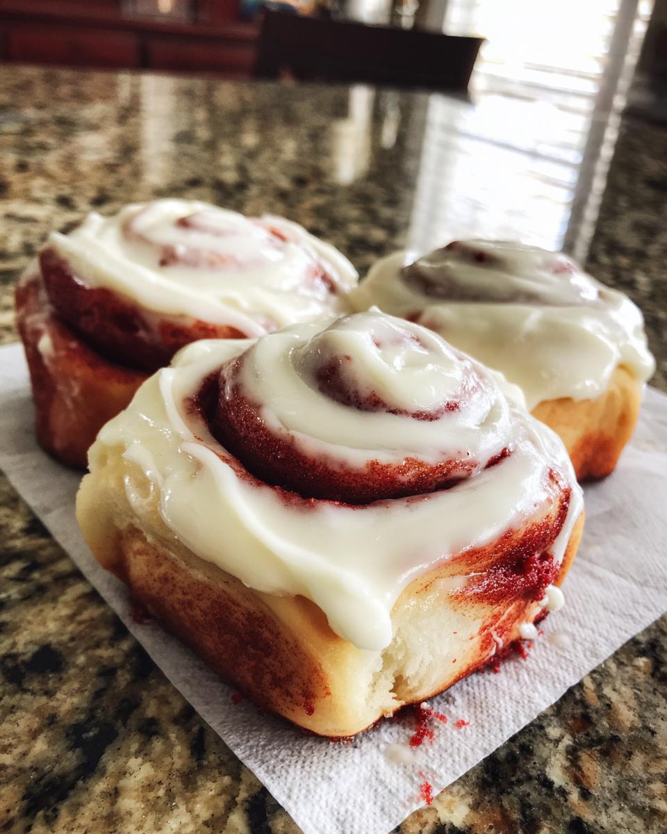 Three freshly baked red velvet cinnamon rolls topped with thick white cream cheese frosting resting on a napkin.