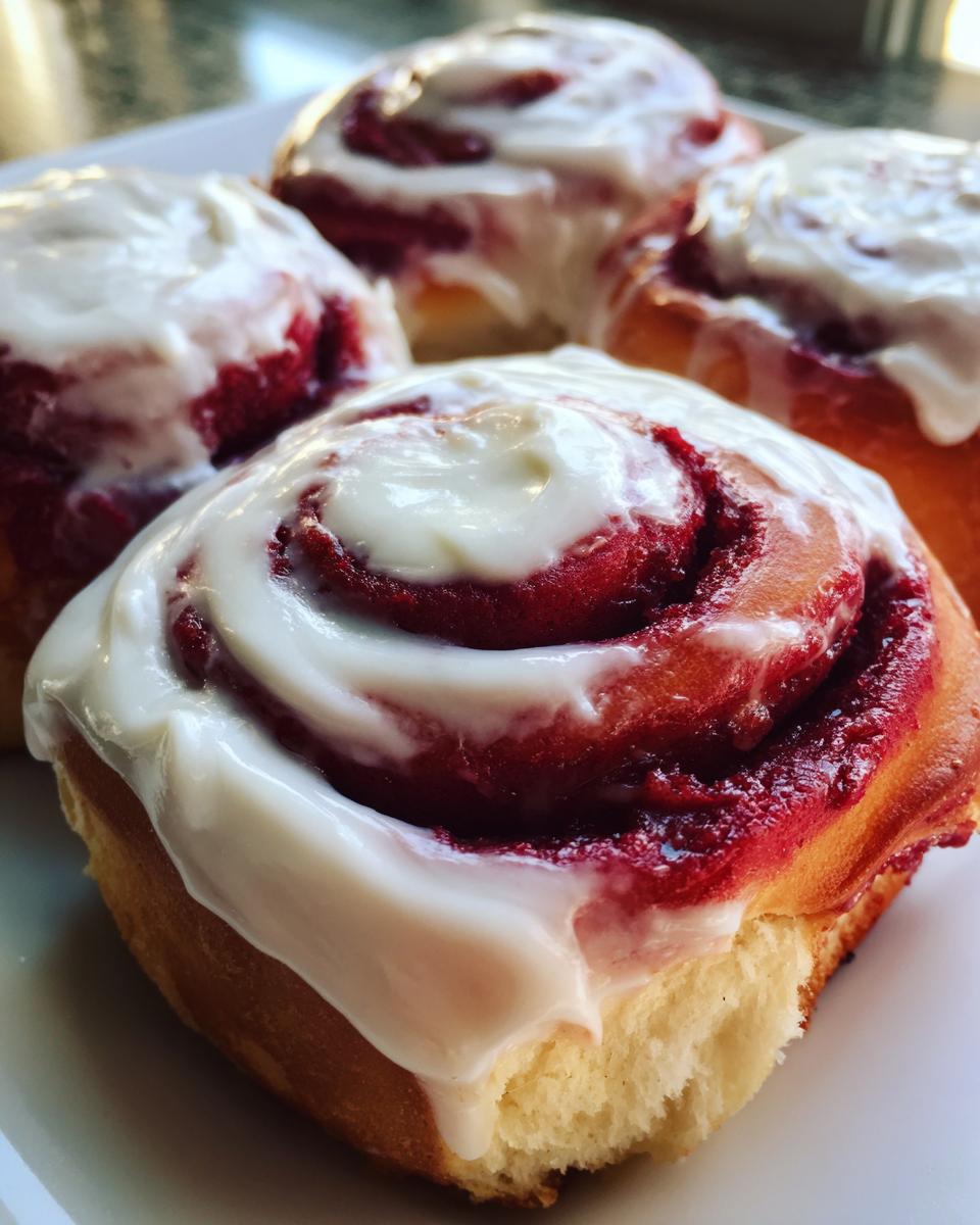 Close-up of several fluffy red velvet cinnamon rolls topped with thick cream cheese frosting.