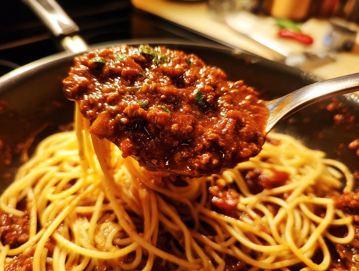 A spoonful of rich, thick bolognese sauce being lifted from a pan of spaghetti noodles.