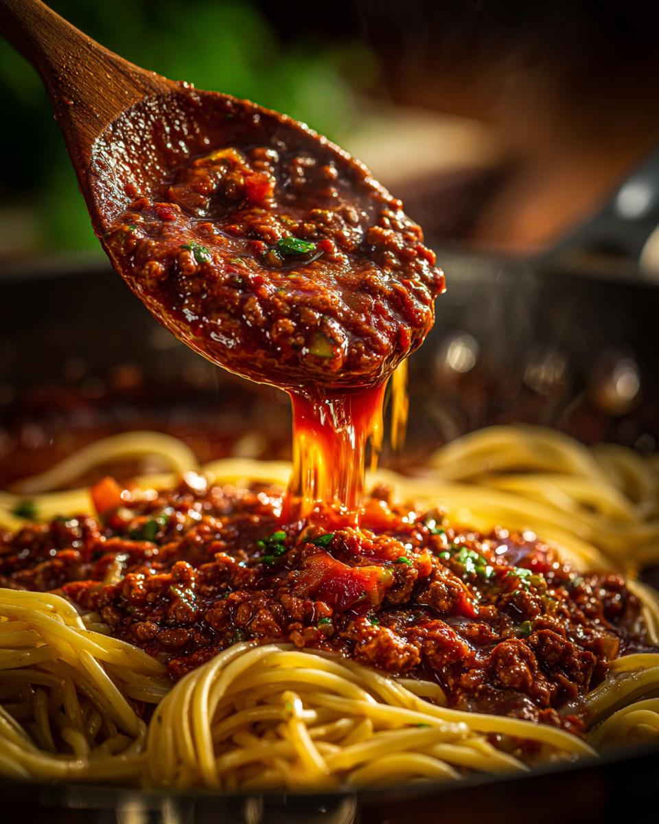 A wooden spoon pours rich, thick bolognese sauce over a bed of cooked spaghetti noodles.