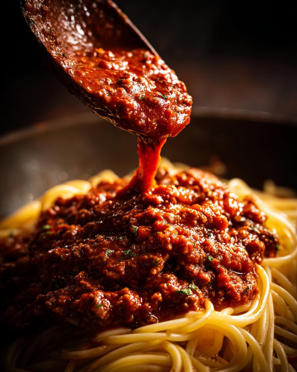 A wooden spoon pours thick, rich bolognese sauce over a mound of cooked spaghetti noodles.