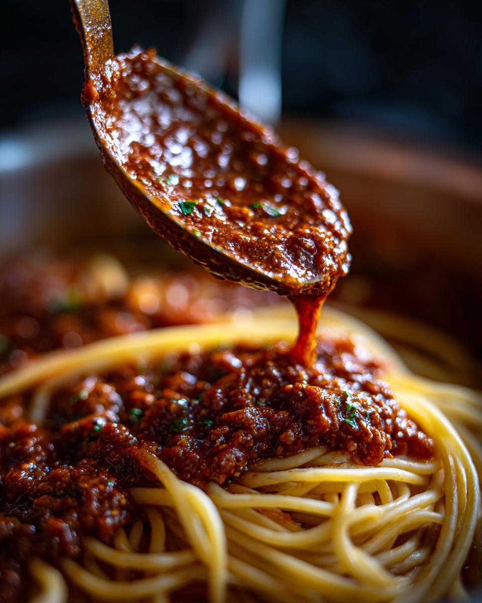 A close-up shot showing rich bolognese sauce being spooned from a metal ladle onto a bed of cooked spaghetti noodles.