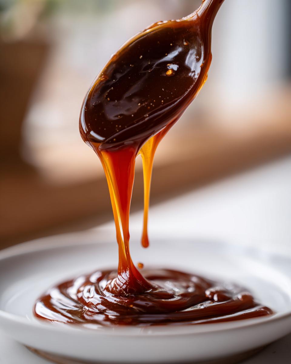 Close-up of thick, dark caramel sauce dripping from a spoon onto a white plate.