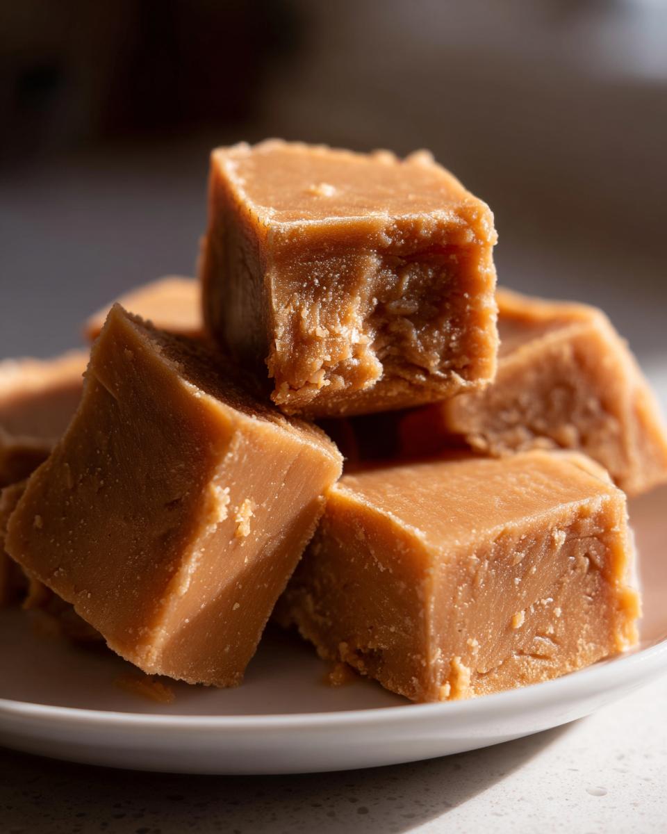 A stack of rich, light brown penuche fudge squares piled on a white plate, showing a bite taken out of the top piece.