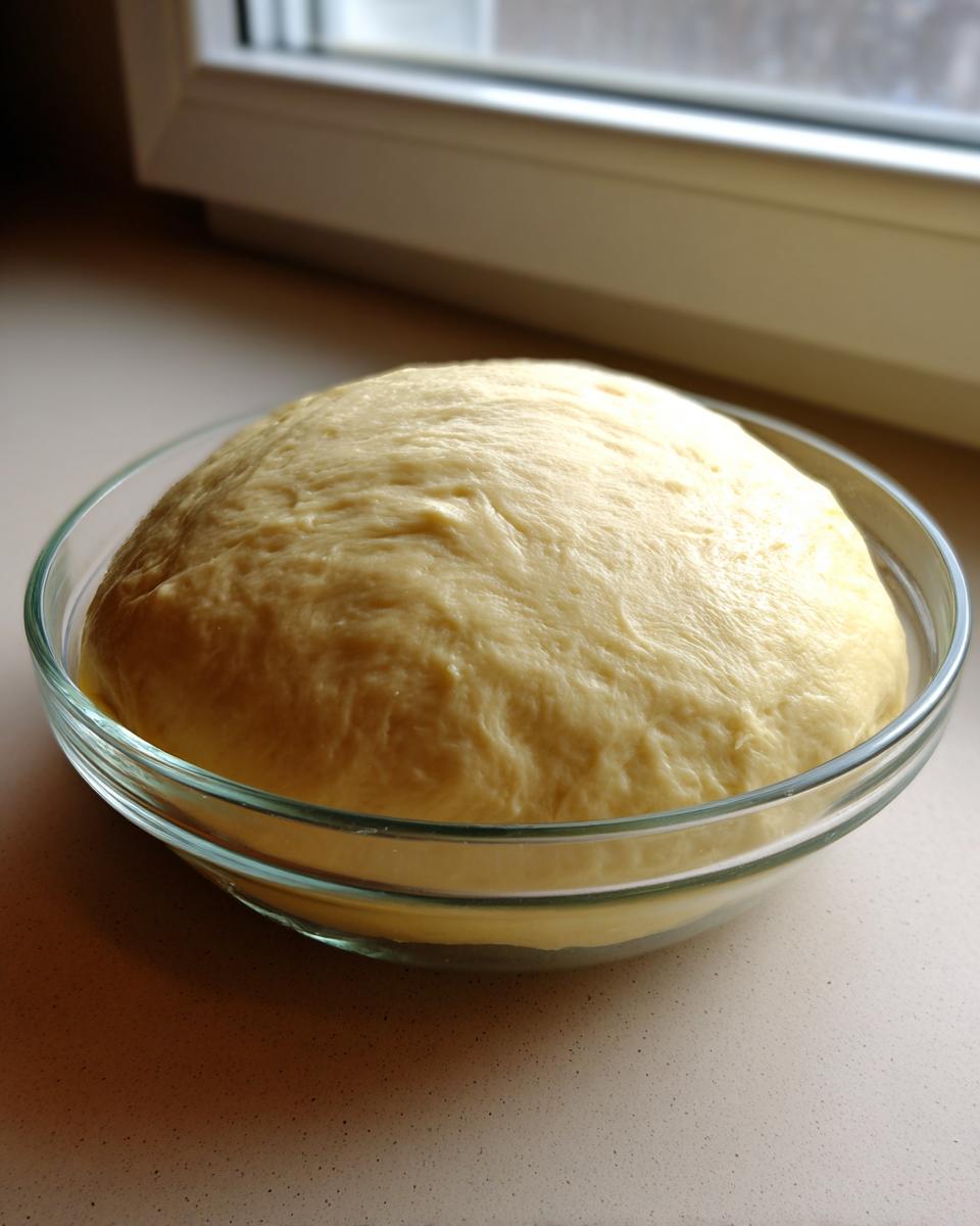 A large, risen ball of yellow pizza dough recipe resting inside a clear glass bowl near a window.