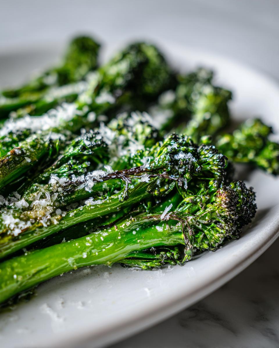 Close-up of vibrant green, roasted broccolini stalks topped with grated Parmesan cheese on a white plate.
