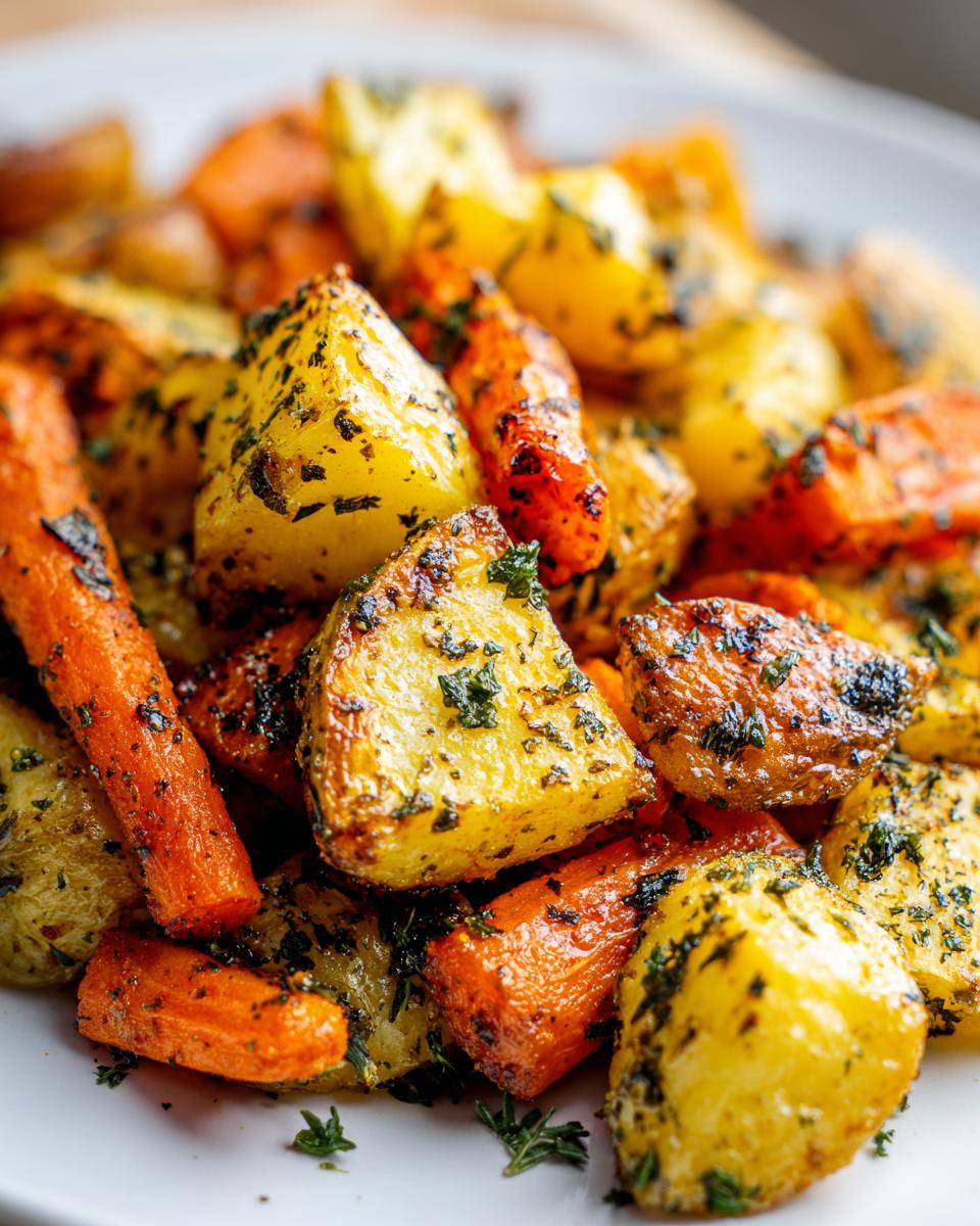 Close-up of perfectly browned and seasoned roasted potatoes and carrots.