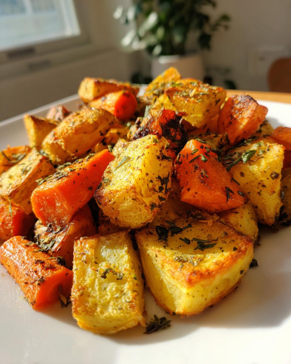 Close-up of golden brown roasted potatoes and carrots seasoned with herbs.