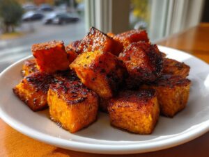 A plate piled high with caramelized, perfectly roasted sweet potatoes cubes, showing dark, crispy edges.