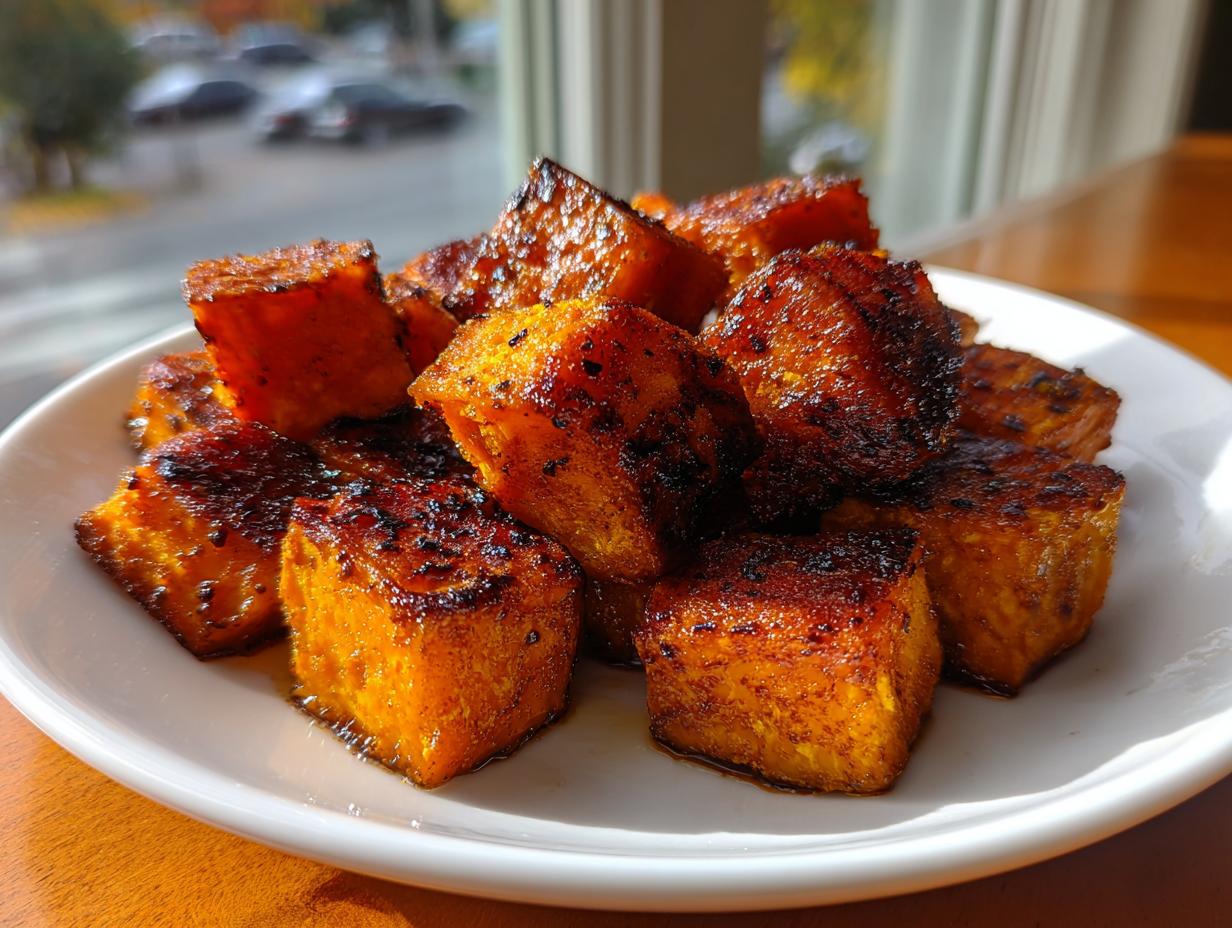 A plate piled high with caramelized, perfectly roasted sweet potatoes cubes, showing dark, crispy edges.