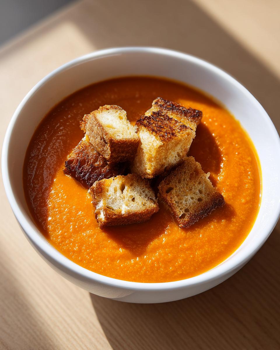 Close-up of a vibrant orange bowl of roasted tomato soup topped with golden brown, crunchy croutons.
