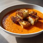 A vibrant bowl of creamy roasted tomato soup topped with golden, crispy croutons.