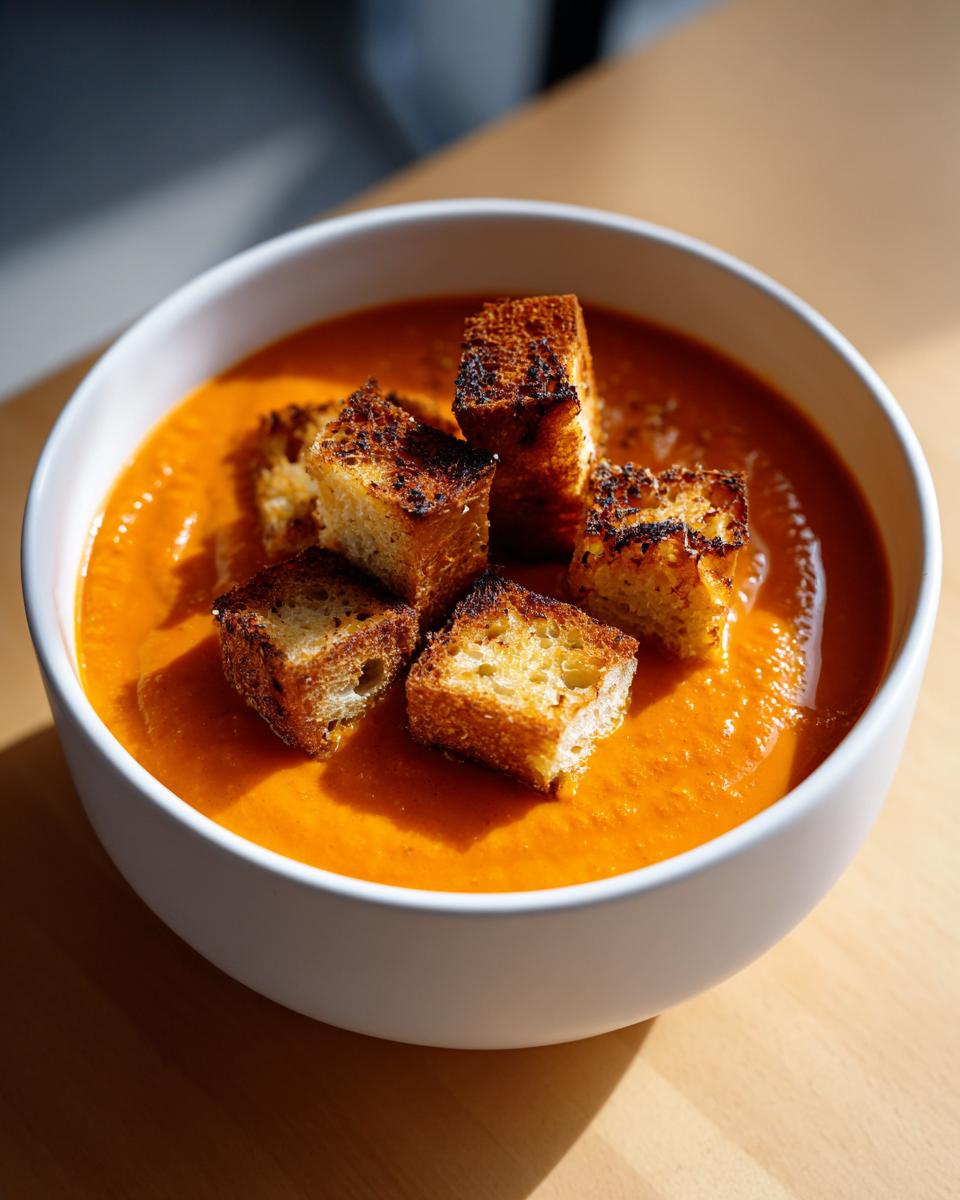 A white bowl filled with creamy, vibrant orange roasted tomato soup, topped with toasted, golden-brown croutons.