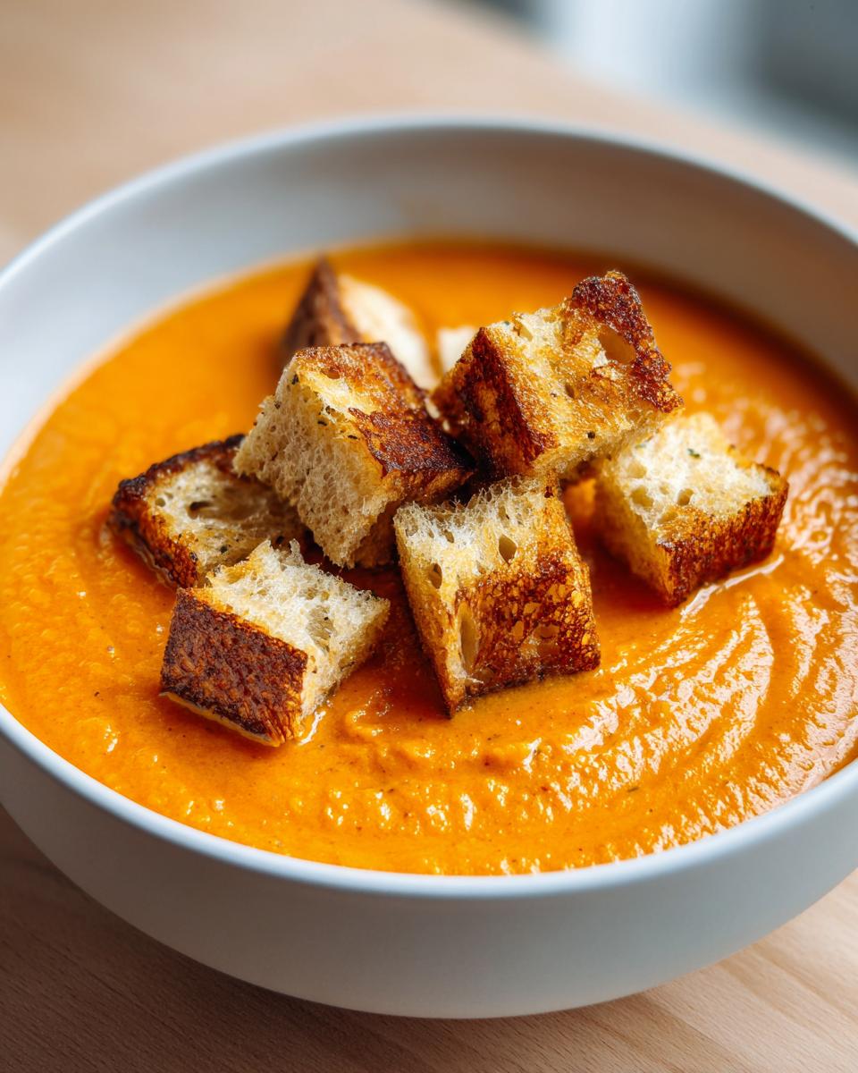 Close-up of a bowl of vibrant orange roasted tomato soup topped with golden, crunchy croutons.