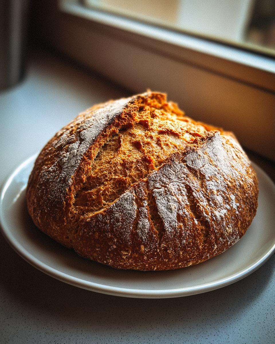 A rustic, round loaf of freshly baked soda bread with a golden-brown crust, dusted with flour, sitting on a white plate.