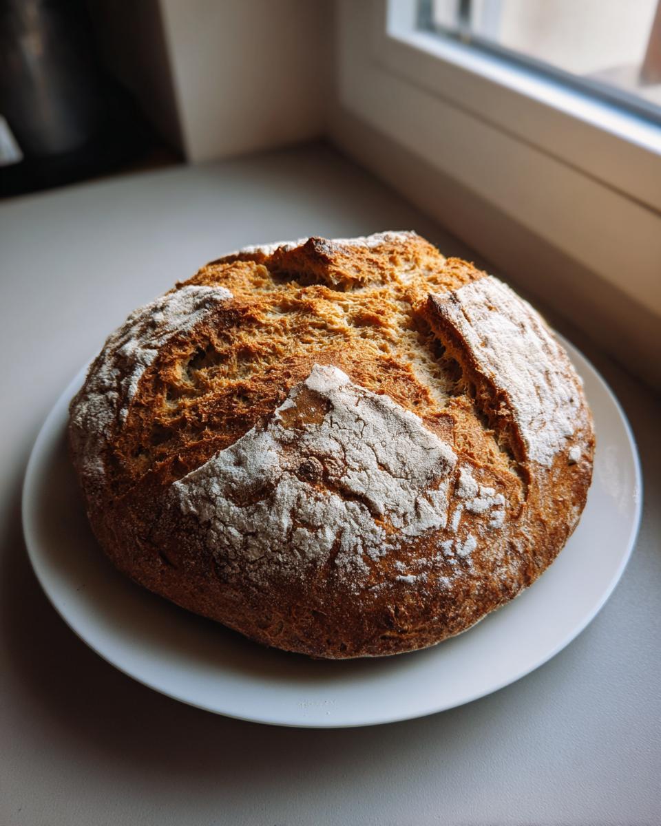 A rustic, golden-brown round loaf of homemade soda bread dusted with flour, resting on a white plate.