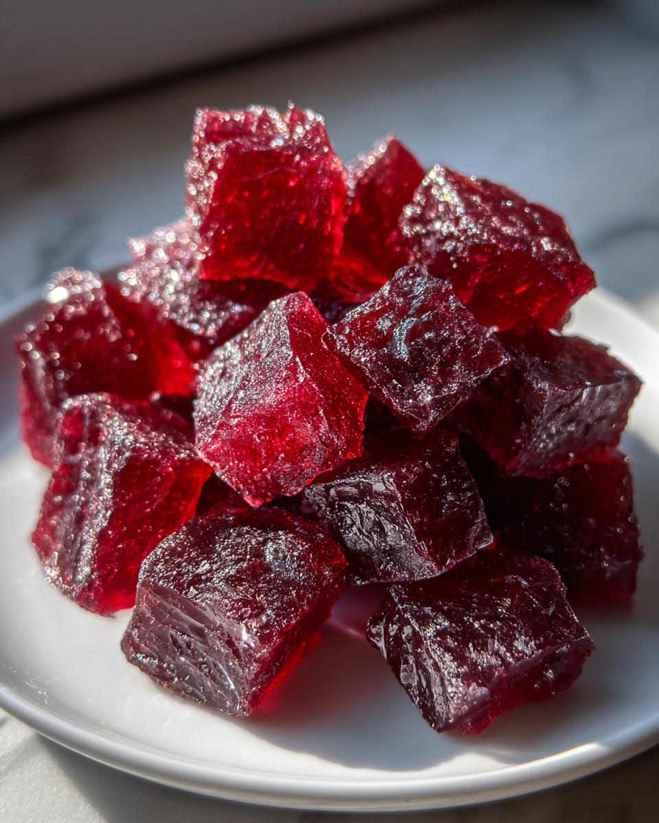 Close-up of sparkling, deep red, irregularly shaped cinnamon rock candy pieces piled on a white plate.