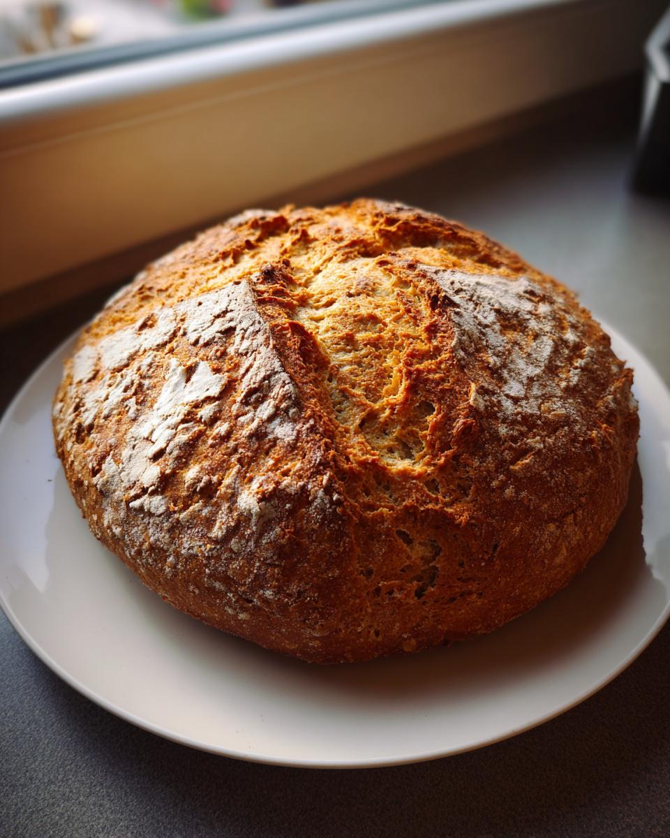 A golden brown, crusty round loaf of homemade soda bread dusted with flour, resting on a white plate.