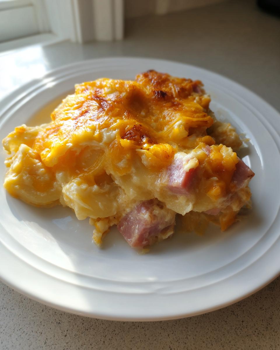 A serving of cheesy scalloped potatoes and ham casserole on a white plate, baked golden brown.