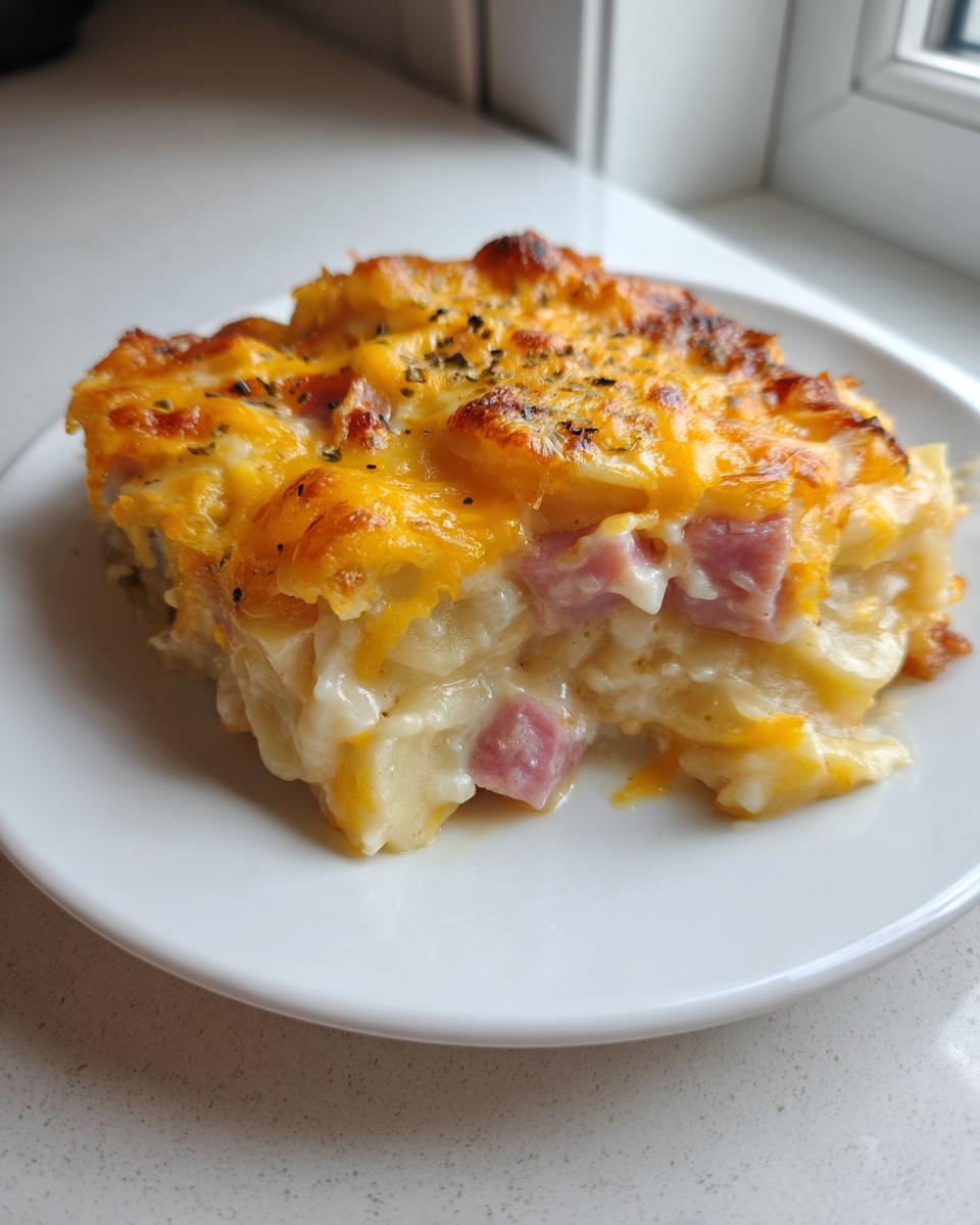 A close-up of a serving of cheesy scalloped potatoes and ham on a white plate.