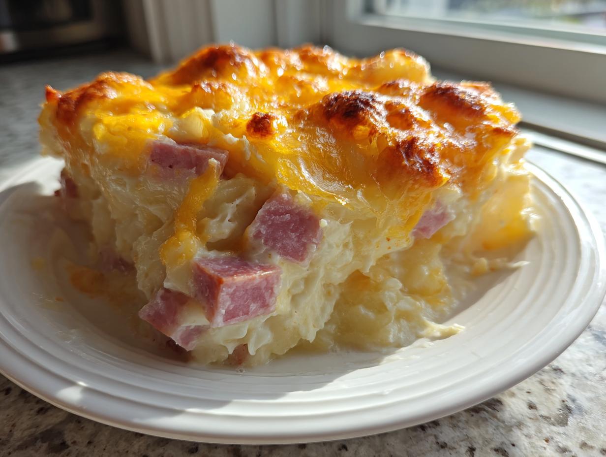 A close-up serving of creamy scalloped potatoes and ham topped with melted, browned cheddar cheese.