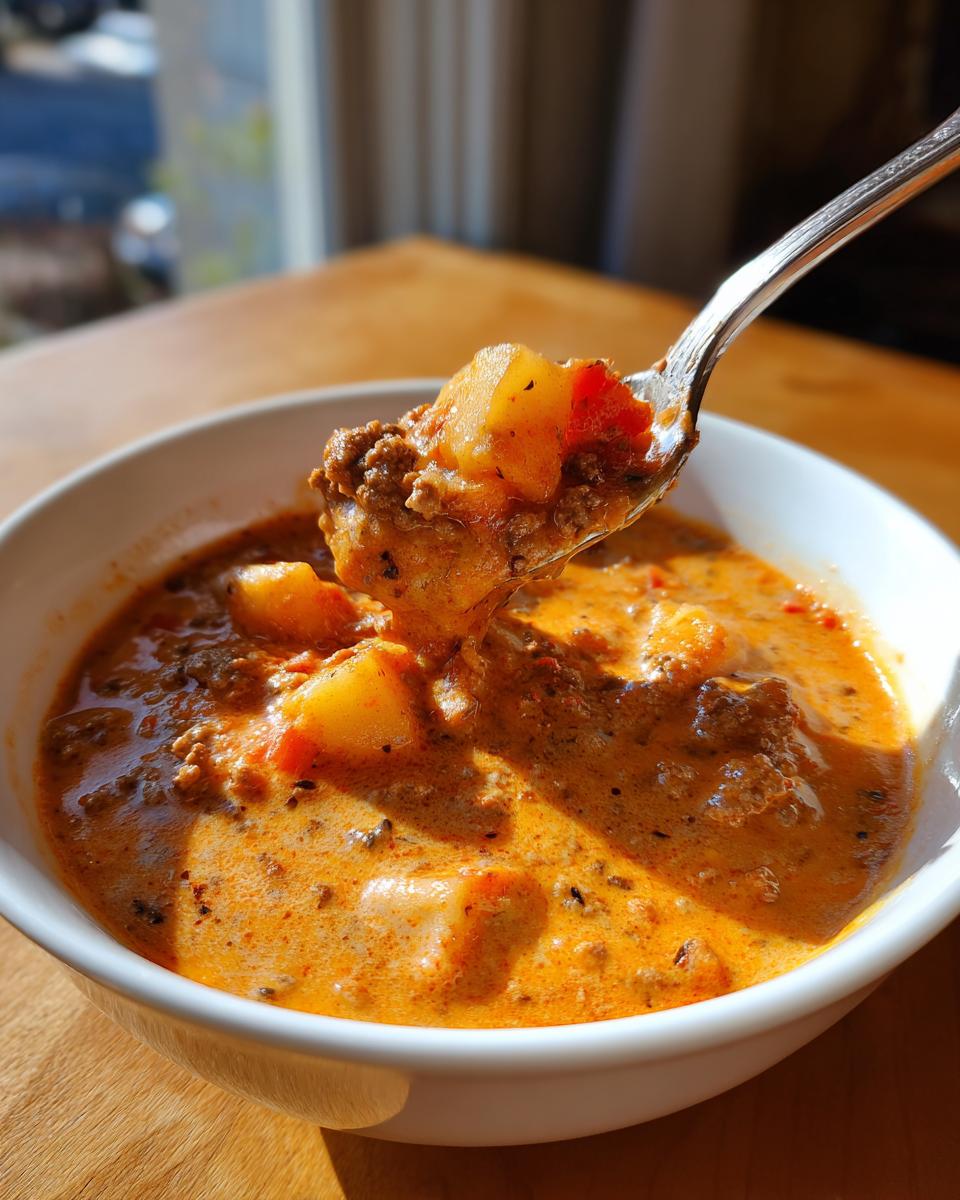 A spoonful of rich, orange crockpot cheeseburger soup lifted from a white bowl, showing ground beef and potato chunks.