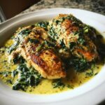 Two perfectly seared chicken breasts served over wilted spinach in a rich, creamy sauce, ready to eat chicken florentine.