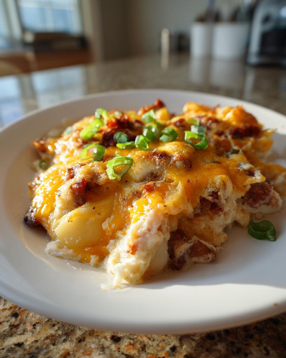 A close-up serving of baked pierogi casserole topped with melted cheddar cheese and fresh green onions.