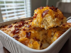 A serving spoon lifts a cheesy, bacon-topped portion from a white baking dish of mashed potato casserole.