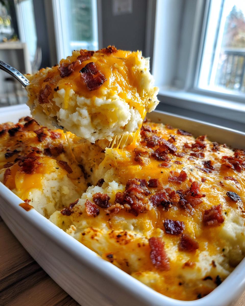 A spoonful of cheesy mashed potato casserole topped with bacon is lifted from the baking dish, showing a cheese pull.