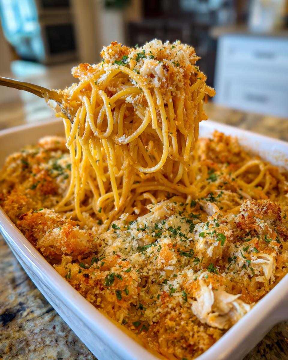 A fork lifts a generous portion of creamy monterey chicken spaghetti topped with golden breadcrumbs and parsley.