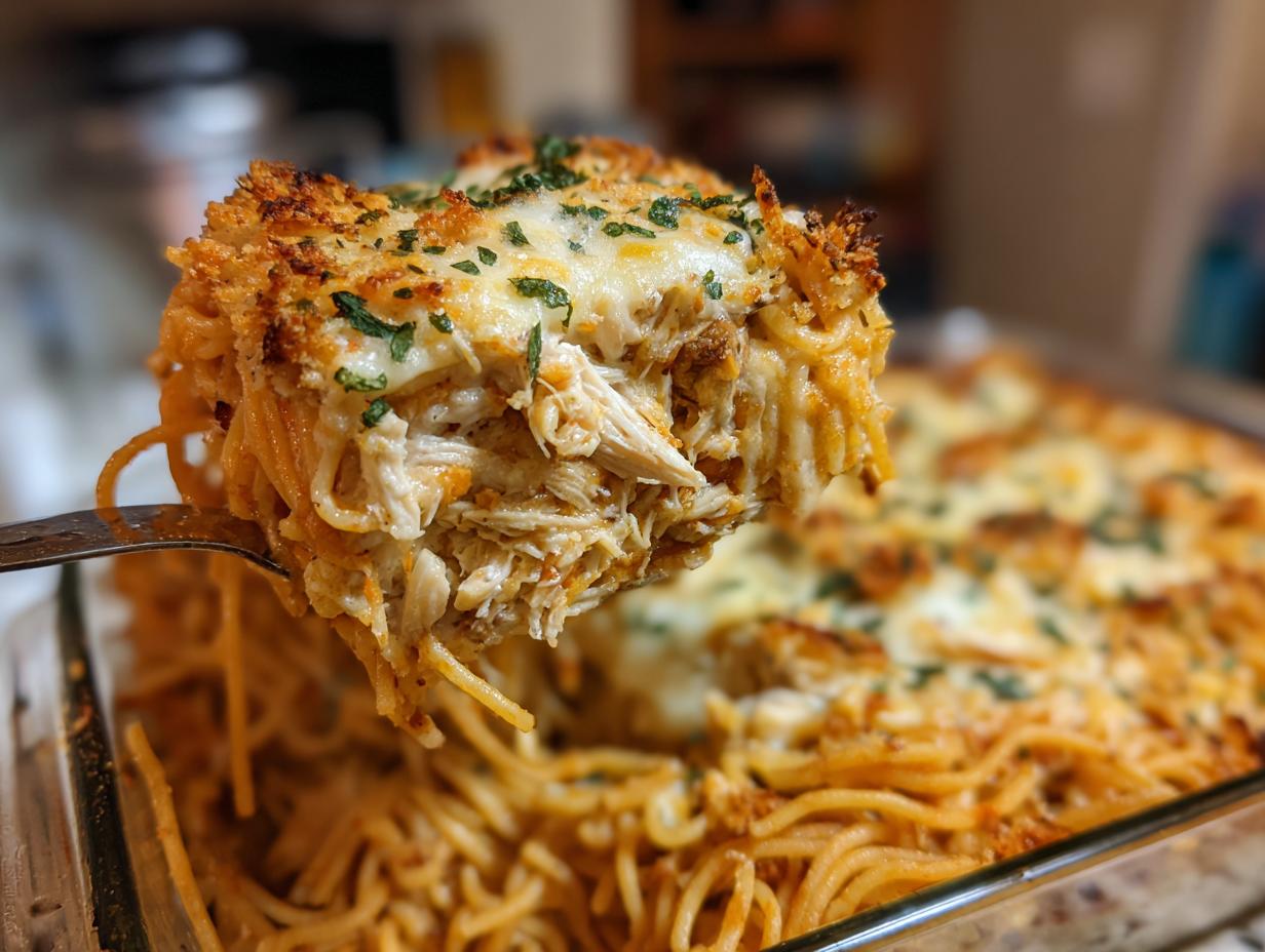 A fork lifts a cheesy, baked portion of monterey chicken spaghetti from a glass baking dish.