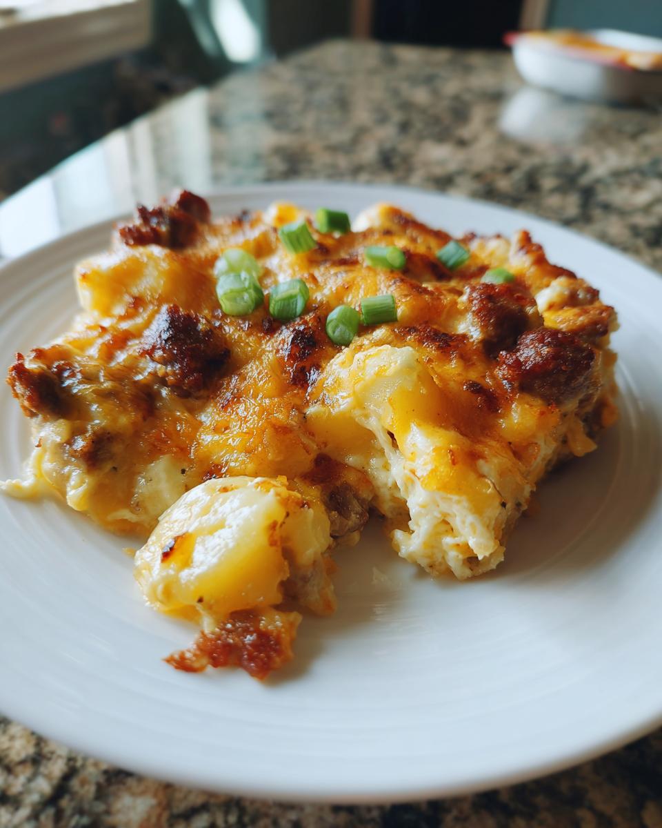 A hearty serving of pierogi casserole topped with melted, browned cheese, sausage pieces, and fresh green onions.
